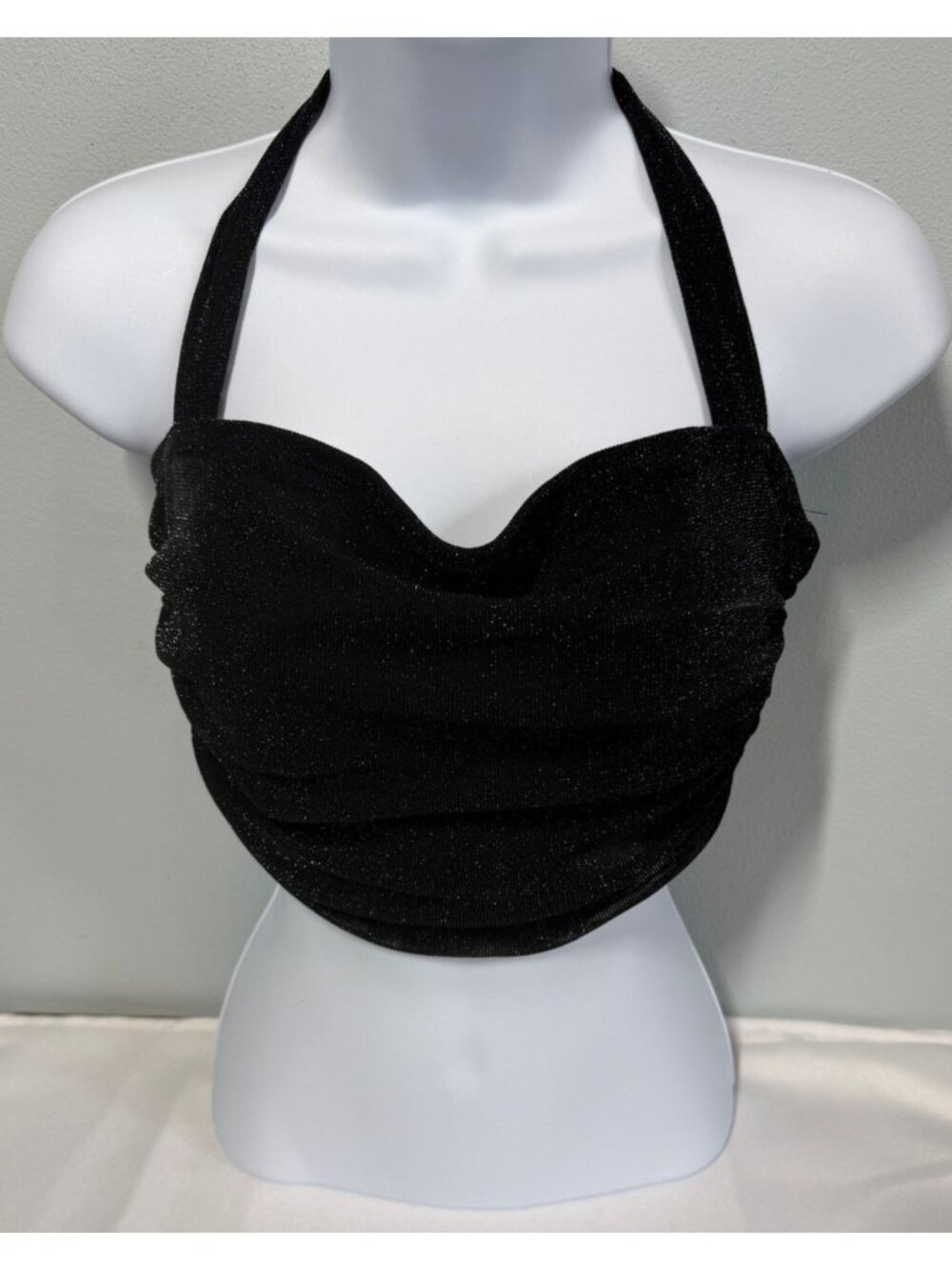 SHEIN Black Giltter Halter Crop Top Medium Black Shimmer‎ Ruched Party Clubwear
